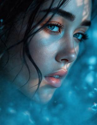The primary subject of the image is a woman with long hair, who is looking at the camera. She has a blue eye and is wearing lipstick. The setting is a blue background, which adds a unique visual style to the image. The overall atmosphere is one of beauty and confidence.